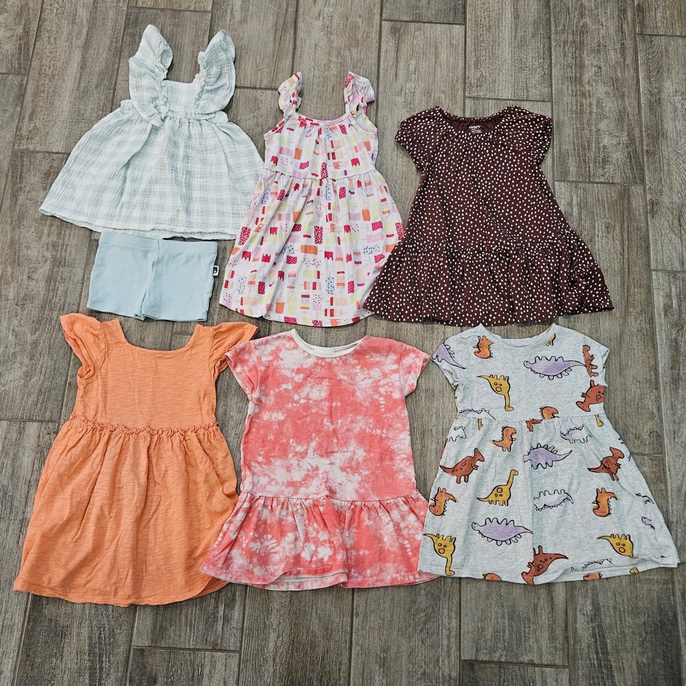 Carters Rabbit Bear Toddler Girls 3T Dress Lot Summer Polka Dot Dino Tie Dye